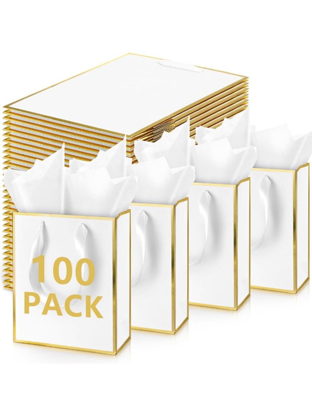 100 Pack Metallic Gift Bags with Handles - White Party Favor Bags, Bulk Supply